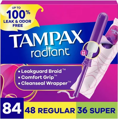 تامباكس (Tampax) ريديانت فوط صحية نسائية، مع ضفيرة ليجارد، امتصاص عادي/فائق، بدون رائحة - عبوة من 84 قطعة