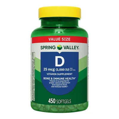 Spring Valley Vitamin D3, Bone & Immune Support, 1000 IU, 450 Softgels