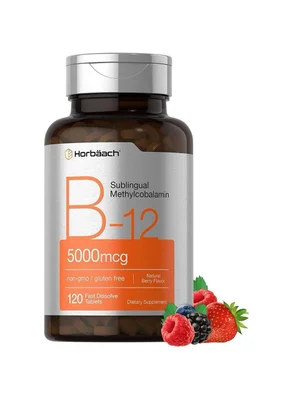 Horbaach Vitamin B12, Supports Healthy Nerve Function & Red Blood Cell Formation, 5000mcg Tablets - 120 Count