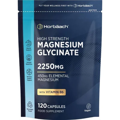 Horbaach Magnesium Glycinate with Vitamin B6 for Muscle & Nerve Support, Capsules - 120 Count