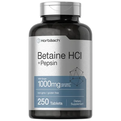 Horbaach Betaine Hcl + Pepsin 1000mg, Digestive Enzyme Supplement for Healthy Digestion, Tablets - 250 Count
