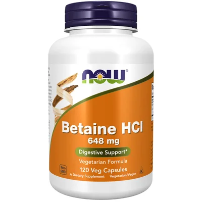 NOW Betaine HCl Supplement, Supports Healthy Digestion, 648mg, Capsules - 120 Count