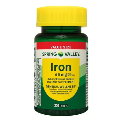 Spring Valley Iron Supplement, Replenishes Iron Stores & Supports Red Blood Cells, Tablets, 65mg - 200 Count