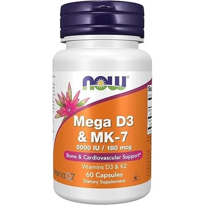 NOW Mega D-3 & MK-7, Supports Bone, Immune & Cardiovascular Health, Capsules, 5000 IU D3 & 180 mcg K2 - 60 Count