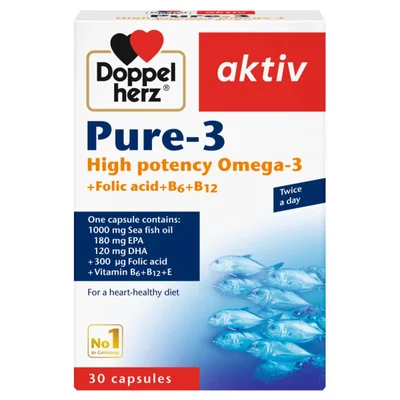 Doppelherz Pure-3 Omega-3 for Cardiovascular & Brain Health, Softgels, 1000mg - 30 Count