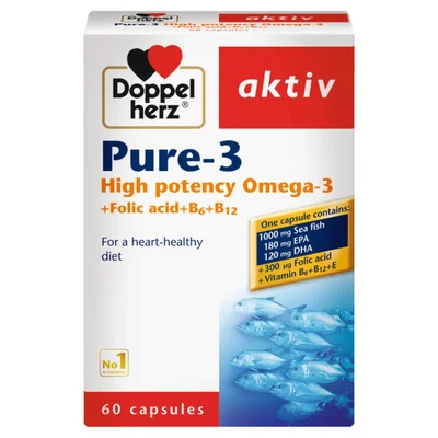 Doppelherz Pure-3 Omega-3 Fatty Acids, Cardiovascular & Brain Health Support, 1000mg Capsules - 60 Count