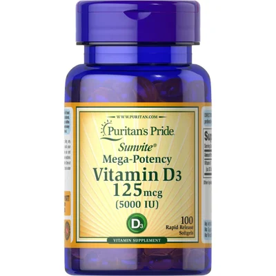Puritan's Pride Vitamin D3 Supports Bone Health & Immune Function, Softgels, 5,000 IU - 100 Count