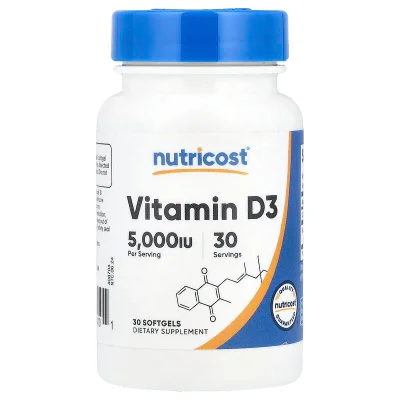 نوتريكوست (Nutricost) فيتامين د3 5000 وحدة دولية لدعم صحة العظام والمناعة، كبسولات هلامية - 30 كبسولة