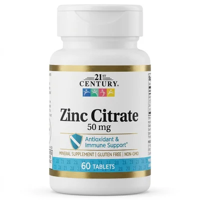 21st Century Zinc Citrate, Supports Immune Function & Cellular Growth, Tablets, 50 mg - 60 Count