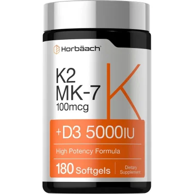 Horbaach Vitamin K2 MK-7 with Vitamin D3, 100mcg + 5000IU, 180 Softgels