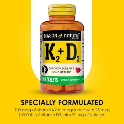 مايسون ناتشورال (Mason Natural) فيتامين ك2 + د3 لدعم العظام والمناعة، أقراص - 100 قرص