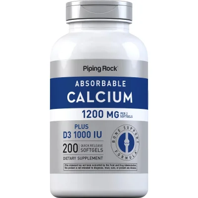 PipingRock Calcium 1200mg with Vitamin D3 1000IU for Bone & Teeth Support, 200 Softgels