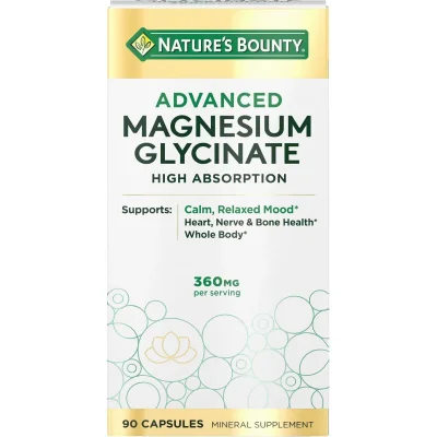 Nature's Bounty (نيتشرز باونتي) مغنيسيوم جلايسينات عالي الامتصاص لدعم العضلات والأعصاب والنوم، كبسولات - 90 كبسولة