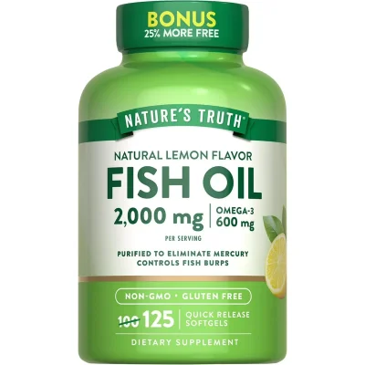 نشرة طبيعة (NATURE'S TRUTH) زيت السمك بنكهة الليمون لدعم صحة القلب والدماغ، 2000 ملغ، 125 كبسولة هلامية