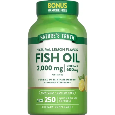 نیتشرز تروث (Natures Truth) زيت السمك بنكهة الليمون لدعم صحة القلب والدماغ والمفاصل، 2000 ملجم، 250 كبسولة هلامية