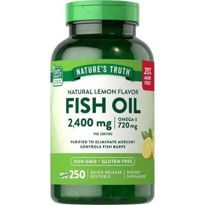 نشرز تروث (Natures Truth) زيت السمك بنكهة الليمون، لدعم صحة القلب والدماغ، 2400 ملجم، 250 سوفت جيل