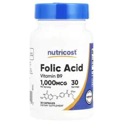 Nutricost Folic Acid for Cell Growth and Red Blood Cell Formation, Capsules - 30 Count