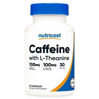 نيوتريكوست (Nutricost) كافيين مع إل-ثيانين، يعزز التركيز والطاقة الهادئة، كبسولات - 30 كبسولة