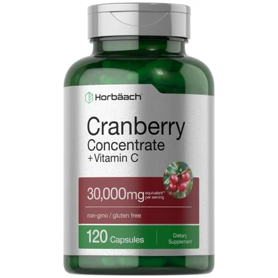 Horbaach Cranberry Concentrate + Vitamin C, Supports Urinary Tract Health & Immune Function, Capsules - 120 Count
