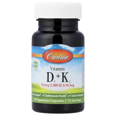 Carlson Vitamin D3 + K2 Supplement for Bone, Heart & Immune Health, Vegetarian Capsules - 30 Count