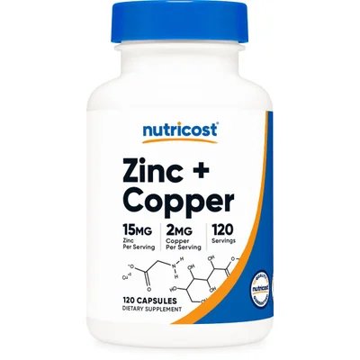 نوتريكوست (Nutricost) زنك + نحاس لدعم المناعة وصحة الخلايا، كبسولات، 15 ملغ زنك / 2 ملغ نحاس - 120 كبسولة