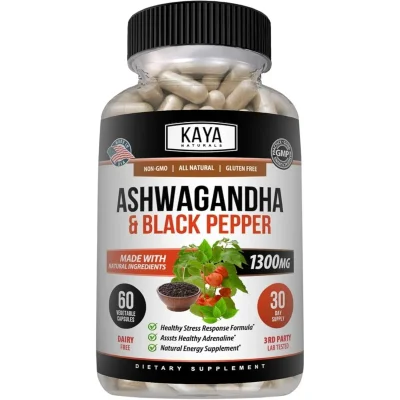 Kaya Naturals Ashwagandha & Black Pepper, Adaptogen Supplement, Vegetable Capsules - 60 Count