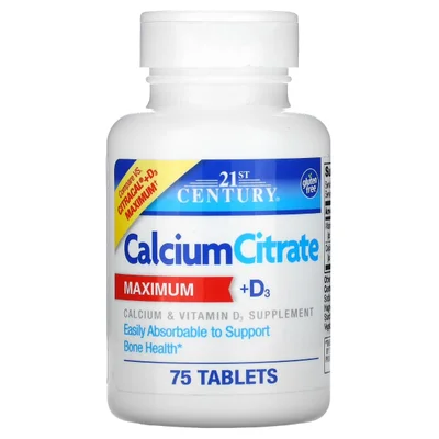 21st Century Calcium Citrate + Vitamin D3, Bone Support, Tablets - 75 Count