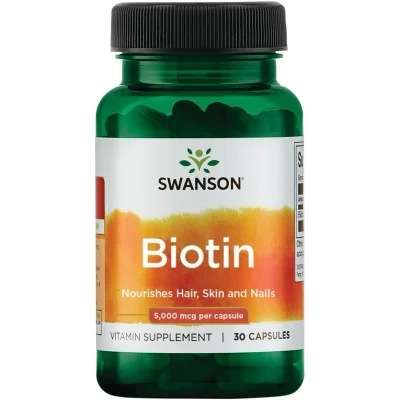 Swanson Biotin 5000 mcg for Hair, Skin & Nails Support, Vegan Capsules - 30 Count