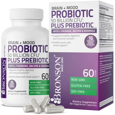 Bronson Brain + Mood Probiotic with L-Theanine, Bacopa & Rhodiola, 50 Billion CFU, 60 Vegetarian Capsules