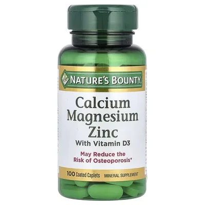 Nature's Bounty Calcium Magnesium Zinc with Vitamin D3, Supports Bones, Muscles & Immunity, 100 Coated Caplets