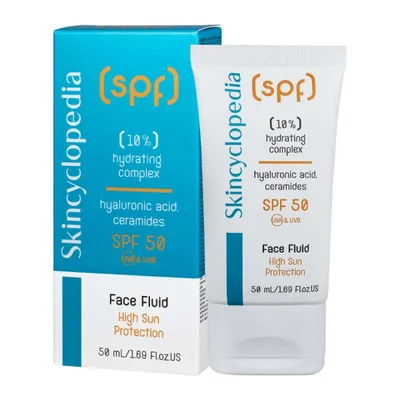 سكينسايكلوبيديا واقي شمس SPF 50 فيس فلويد — مركب مرطّب ١٠٪ (هيالورونيك وسيراميد)، حماية عالية من الشمس، ٥٠ مل