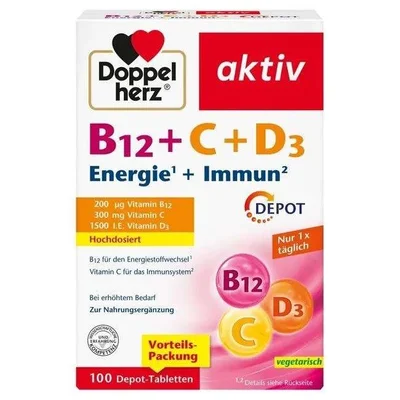 دوبل هيرز (Doppel herz) فيتامين ب12 + سي + د3 للطاقة والمناعة، أقراص - 100 قرص