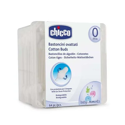 شيكو (Chicco) أعواد قطنية للأطفال، تنظيف لطيف لحديثي الولادة 0 شهر فما فوق - 64 قطعة