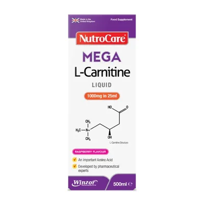 نوتراكير (Nutracare) ميجا ل-كارنيتين وينزور مكمل غذائي سائل، يدعم إنتاج الطاقة وأيض الدهون، يعزز الأداء الرياضي - 500 مل