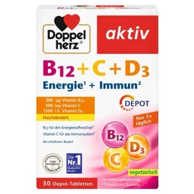 دوبل هيرز (Doppel herz) فيتامين ب12 + سي + د3 للطاقة والمناعة، أقراص - 30 قرص