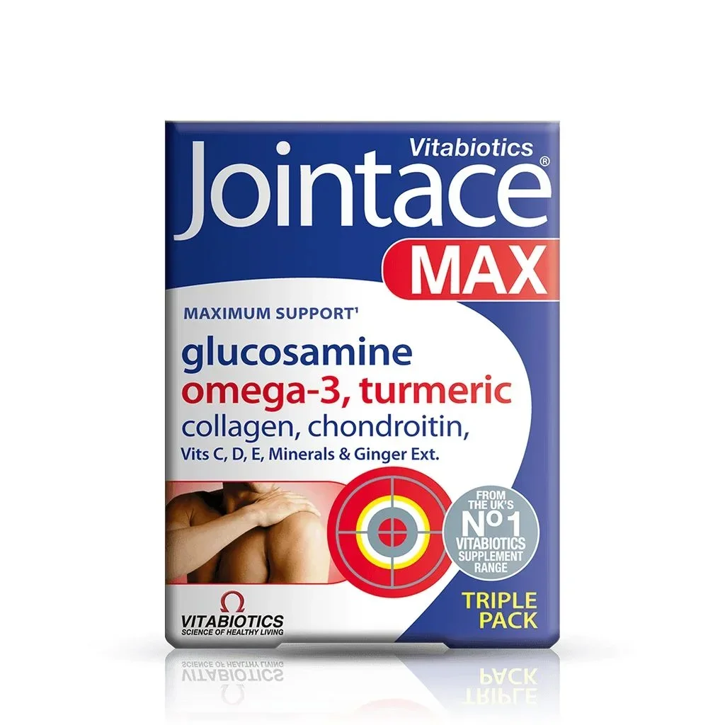 فايتابيوتكس Jointace Max لدعم صحة المفاصل الشاملة، كبسولات وأقراص - عبوة 84 — Vitabiotics — 84 capsules (28 Glucosamine & Chondroitin tablets, 28 Super Strength Omega-3 capsules, 28 Collagen & Vitamin tablets)