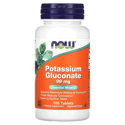 NOW Potassium Gluconate, Supports Electrolyte Balance & Nerve Function, Tablets, 99 mg - 100 Tablets